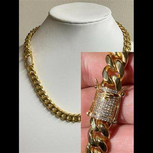 Miami Cuban Link CHOKER Chain Real 14k Gold Plated Stainless Necklace CZ Lock